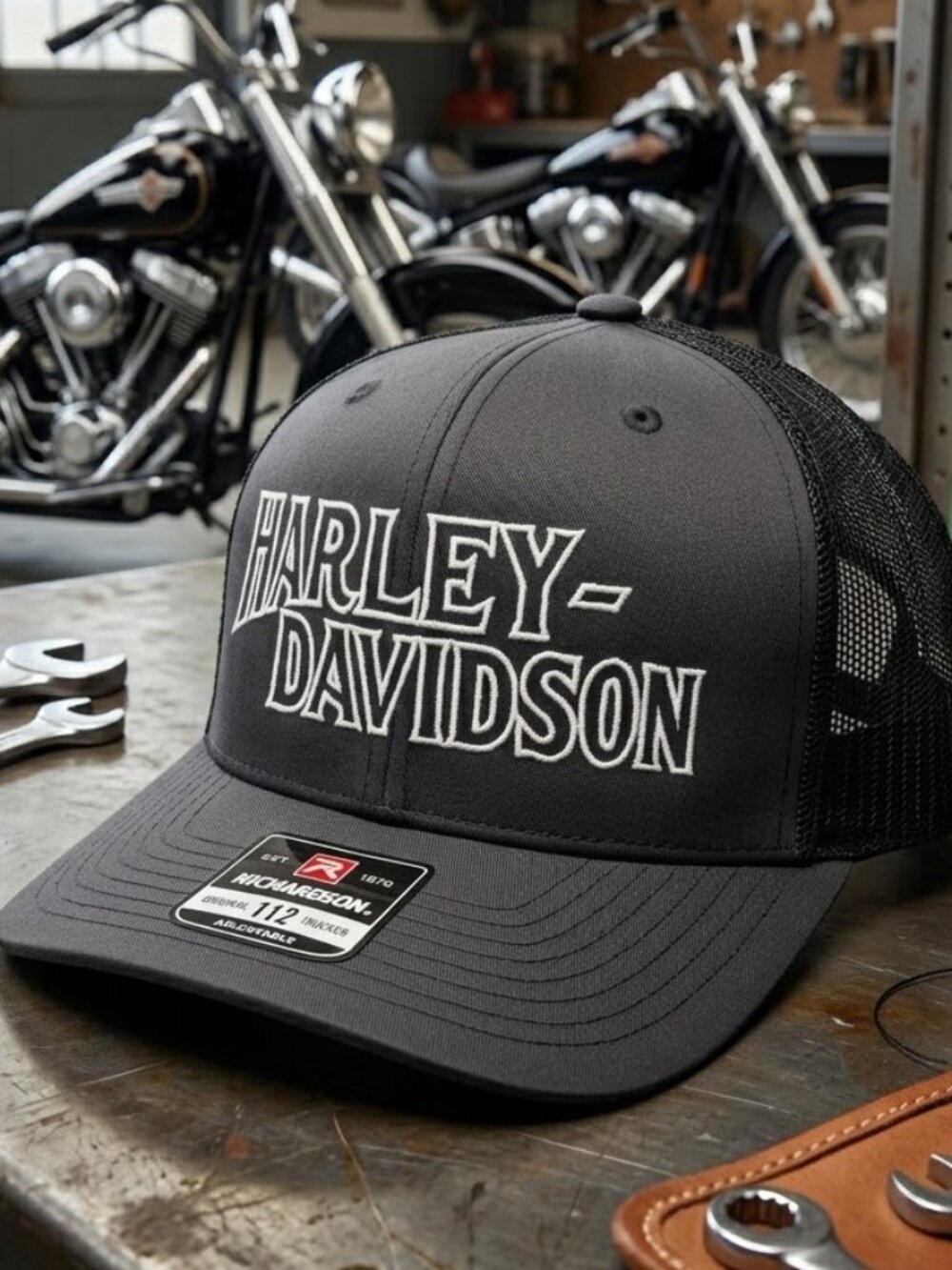 Harley Davidson Embroidered All Black Richardson 112 Trucker Hat Cap New Biker
